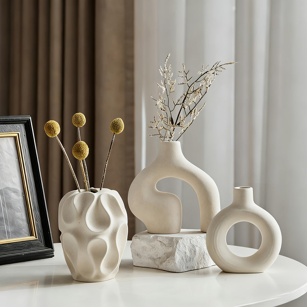 3-Piece Ceramic Vase Set for Home Decor – Bohemian Farmhouse Style Beige Decorative Vases for Pampas Grass, Living Room, Bedroom, Kitchen, Entryway & Mantel