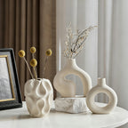 3-Piece Ceramic Vase Set for Home Decor – Bohemian Farmhouse Style Beige Decorative Vases for Pampas Grass, Living Room, Bedroom, Kitchen, Entryway & Mantel