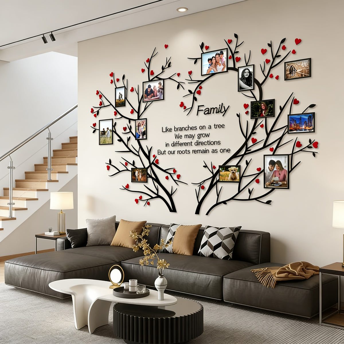 Family Tree Collage Frame Wall Decor - Removable 3D Acrylic Heart Design Photo Frames - DIY Peel and Stick Wall Art for Living Room and Bedroom - Unique Family Gift for Home