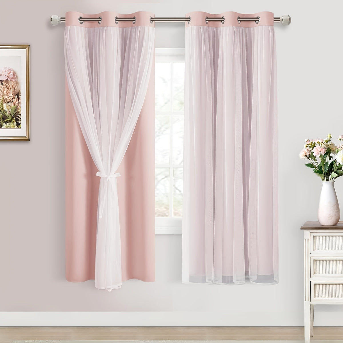 Double Layer Blackout Curtains with Sheer Overlay 2 Panels - Grommet Top Thermal Insulated Mix & Match Window Drapes with Tiebacks for Bedroom Living Room, All Season
