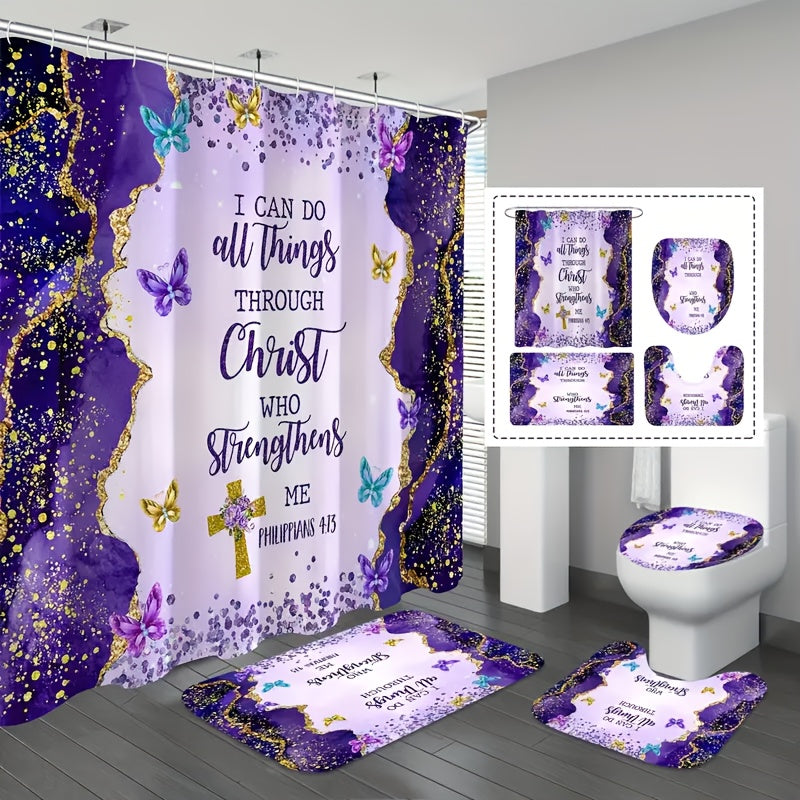 Christian Bible Verse Shower Curtain Set 4 Piece with Hooks Anti-Slip Toilet U-Shaped Pad & Lid Cover – Inspirational Faith Bathroom Decor Gift