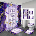 Christian Bible Verse Shower Curtain Set 4 Piece with Hooks Anti-Slip Toilet U-Shaped Pad & Lid Cover – Inspirational Faith Bathroom Decor Gift