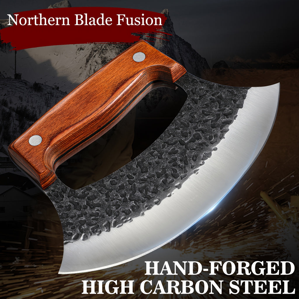Hand-Forged Ulu Rocker Pizza Cutter & Mezzaluna Chef Knife – High Carbon Steel or Stainless Steel with Rosewood Handle, Leather Sheath & Gift Box – Kitchen, Camping & BBQ – Birthday Gift for Men
