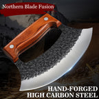 Hand-Forged Ulu Rocker Pizza Cutter & Mezzaluna Chef Knife – High Carbon Steel or Stainless Steel with Rosewood Handle, Leather Sheath & Gift Box – Kitchen, Camping & BBQ – Birthday Gift for Men