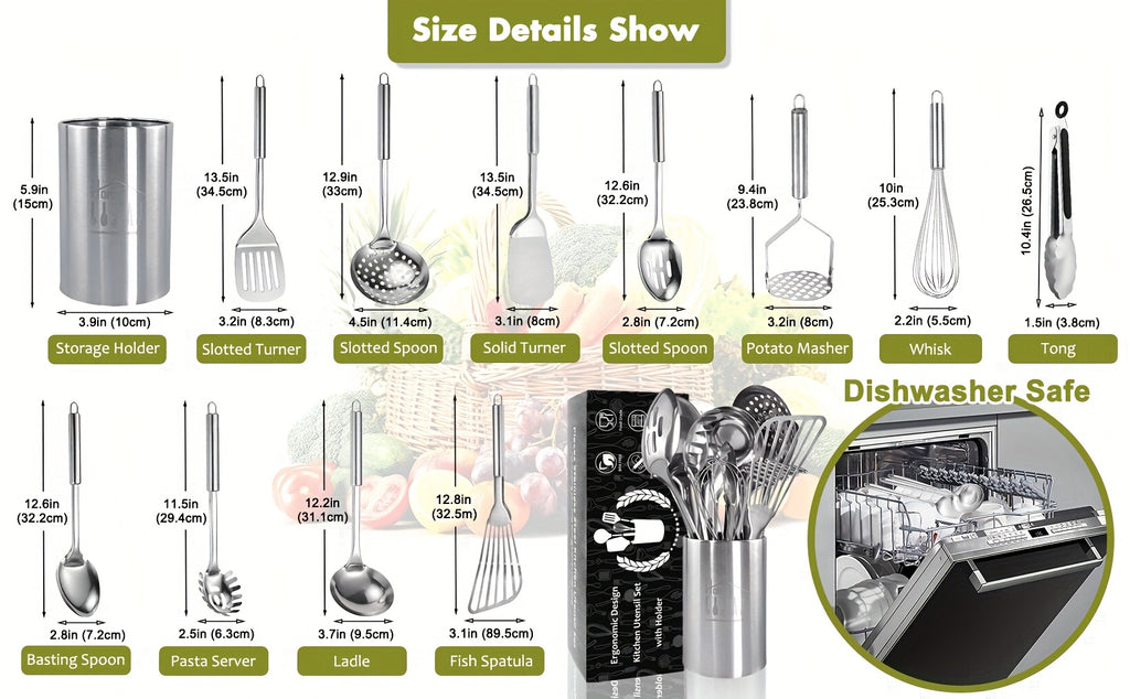 Stainless Steel Kitchen Utensils Set 12-Piece with Holder - Heat Resistant Cooking Utensils Set with Spatula, Ladle, Tongs, Whisk, Skimmer & More, Dishwasher Safe Metal Kitchen Tool Set