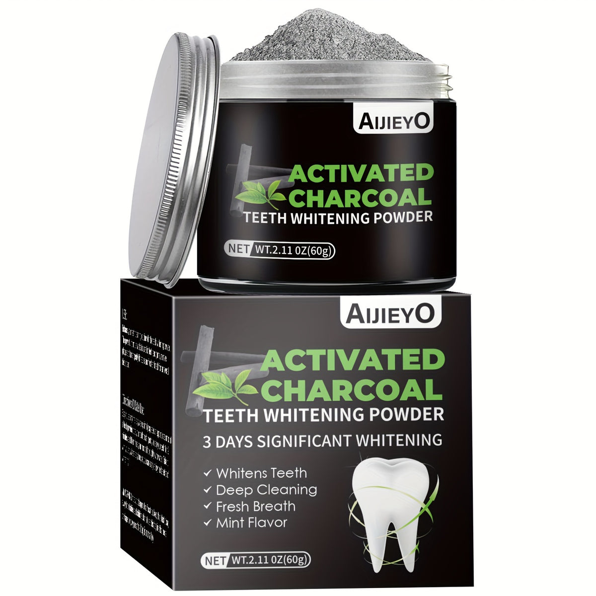 Activated Charcoal Teeth Whitening Powder Natural Brightening Tooth Polish Deep Cleaning Plaque Remover Mint Flavor Fresh Breath Daily Use 60g