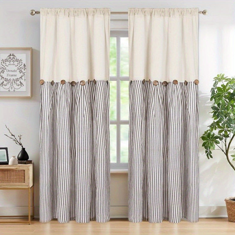 Striped Patchwork Semi-Sheer Rod Pocket Curtains – Bohemian Tiered Window Panels for Bedroom, Living Room, Kitchen, Bathroom & Cafe | 1 or 2 Pcs