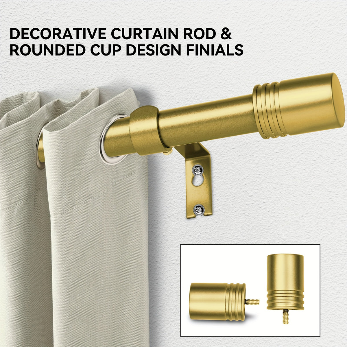 Decorative Curtain Rod 1 Inch Diameter Adjustable with Modern Finials – Drapery Rod for Windows 18-120 Inch, Black Brushed Nickel Gold Curtain Hardware