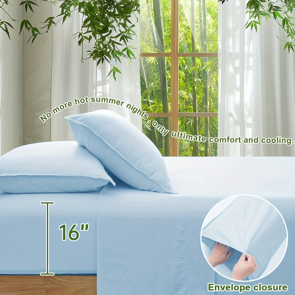 Cooling Bamboo Bed Sheet Set 4-Piece - Soft Lightweight Breathable Deep Pocket 16" Fitted Sheet, Flat Sheet & 2 Pillowcases, Machine Washable Summer Bedding, Twin Full Queen King, 12 Colors