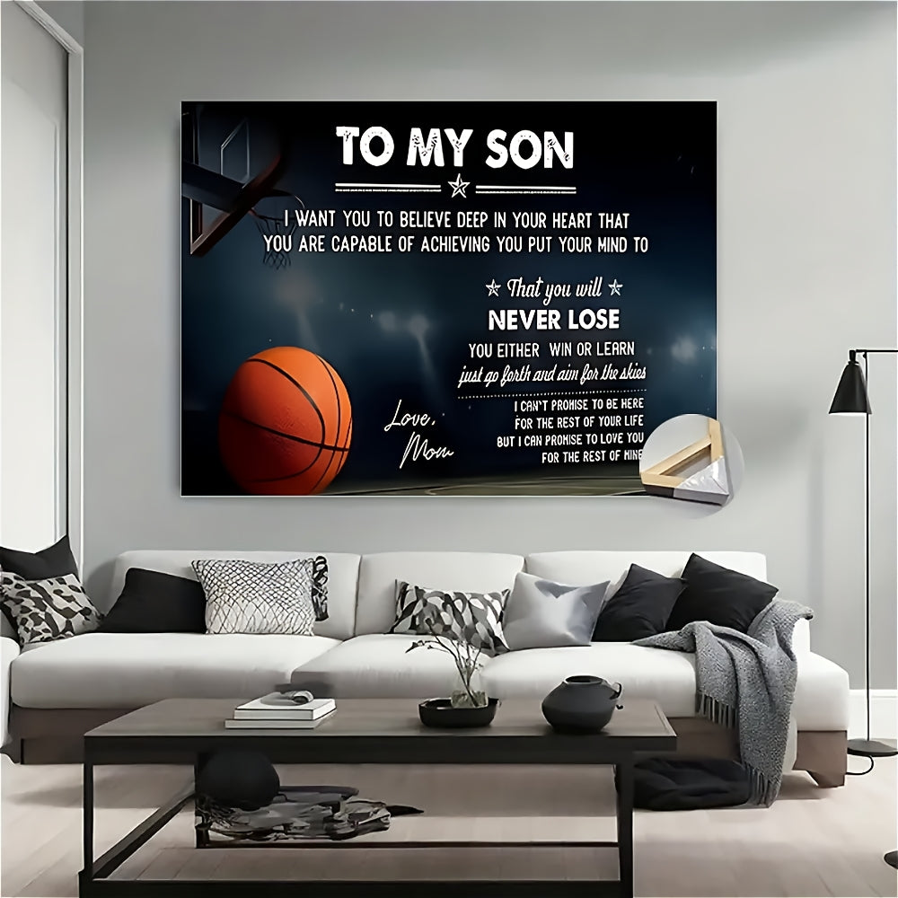 Framed Basketball Poster "To My Son" Motivational Wall Art for Teen Boys & Sports Fans – Wrap-Around Frame Bedroom Living Room Decor, Encouraging Gift for Athletes, Halloween Christmas Birthday