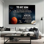 Framed Basketball Poster "To My Son" Motivational Wall Art for Teen Boys & Sports Fans – Wrap-Around Frame Bedroom Living Room Decor, Encouraging Gift for Athletes, Halloween Christmas Birthday