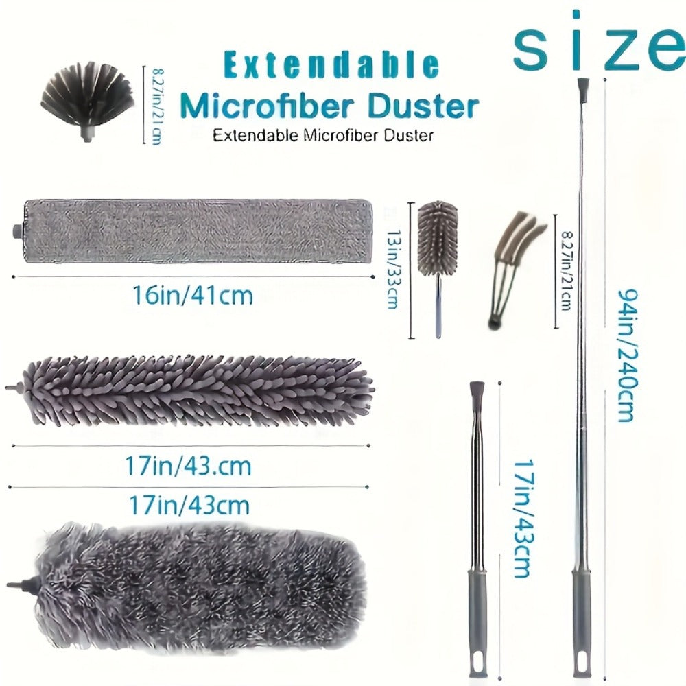 Extendable Microfiber Duster Set 7 Piece, Extra Long 100 Inch Dusting Wand with Stainless Steel Handle, Bendable Corner Broom for Ceiling Cobwebs, Washable & Reusable, Grey
