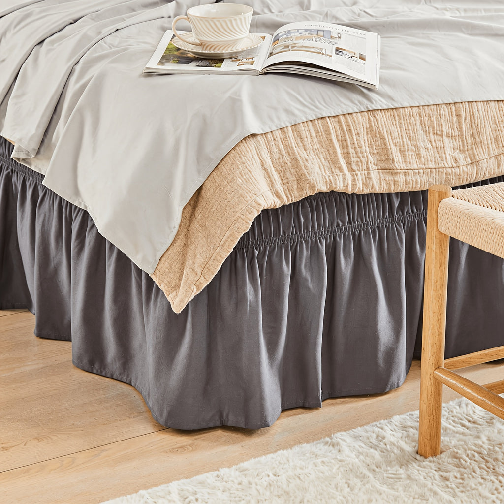 Elastic Wrap Around Bed Skirt No-Lift, 15 Inch Drop Microfiber Dust Ruffle, 30 Fade-Resistant Colors, Machine Washable, Twin Full Queen King Size