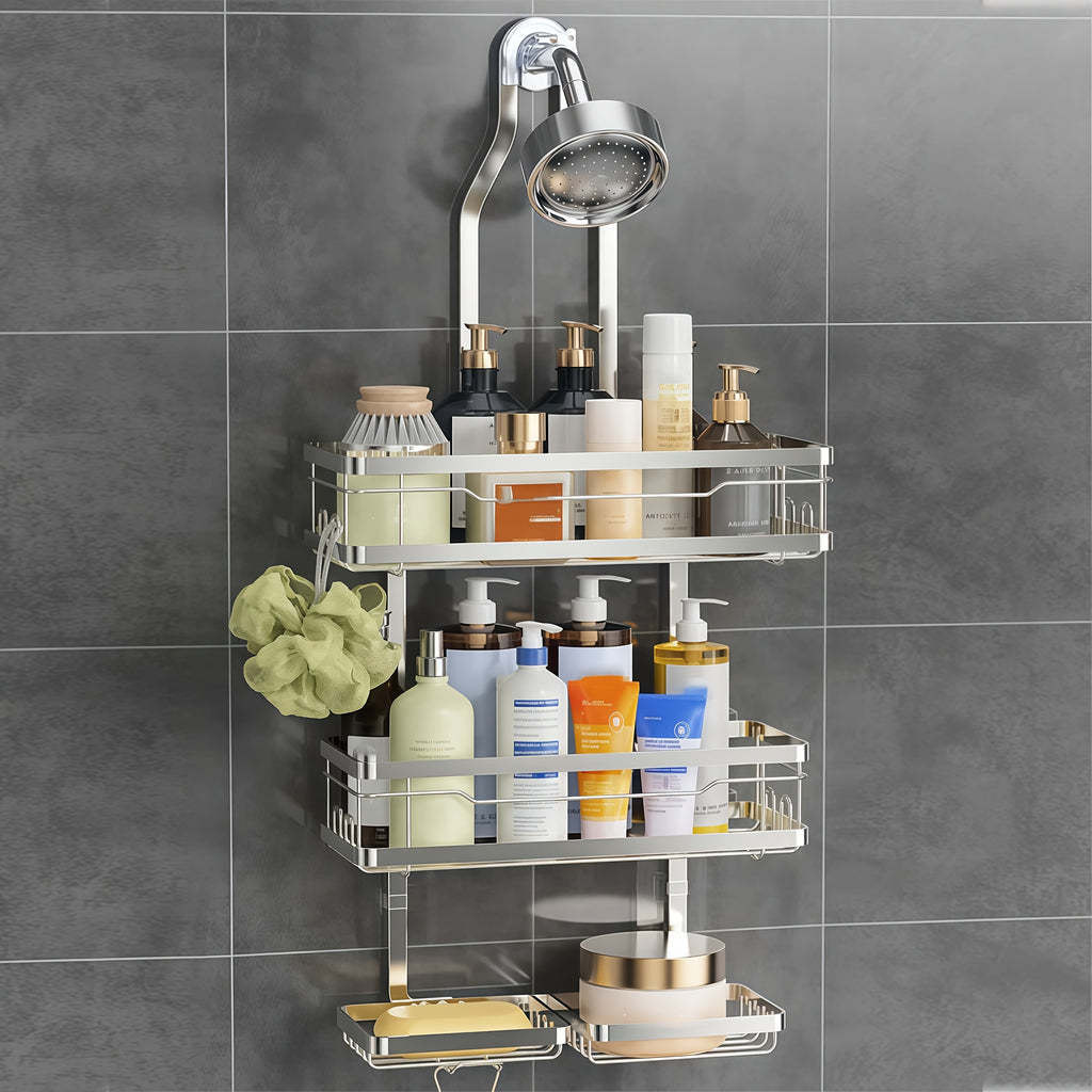 Hanging Shower Rack 5-Piece Set with Soap Holder, Towel & Bathrobe Hook | No-Drill Rust-Proof Adjustable Shower Caddy for Bathroom Storage