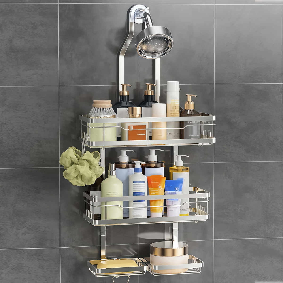 Hanging Shower Rack 5-Piece Set with Soap Holder, Towel & Bathrobe Hook | No-Drill Rust-Proof Adjustable Shower Caddy for Bathroom Storage