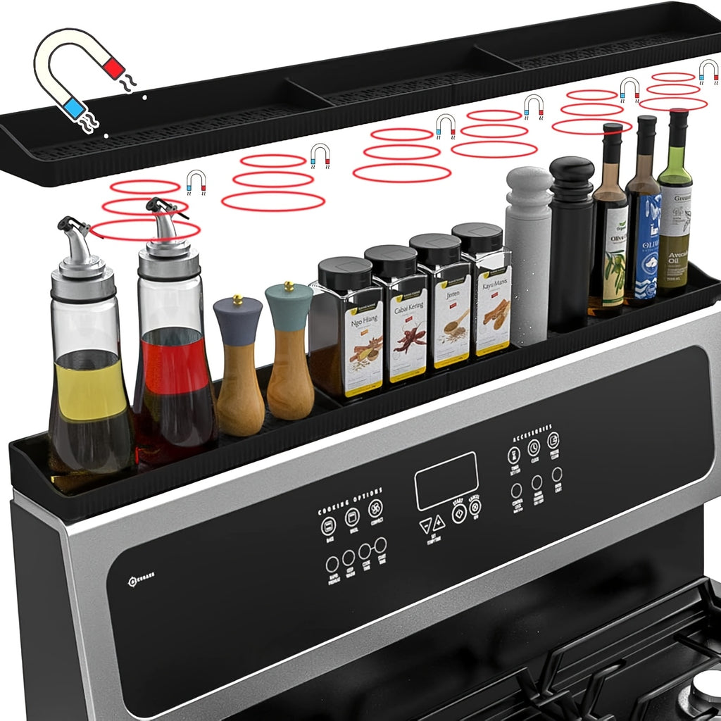 Magnetic Silicone Stove Top Spice Rack Shelf, 30 Inch Heat Resistant Flexible Kitchen Organizer – Strong Magnet, Over Oven Storage for Spice Jars, Countertop & Stove Organizer