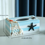 Nautical Tissue Box Cover Coastal Decor - Decorative Wood Tissue Dispenser with Rope & Sailboat Detail, Beach Theme Tissue Holder for Living Room, Bathroom & Office, Mediterranean Style Home Accent