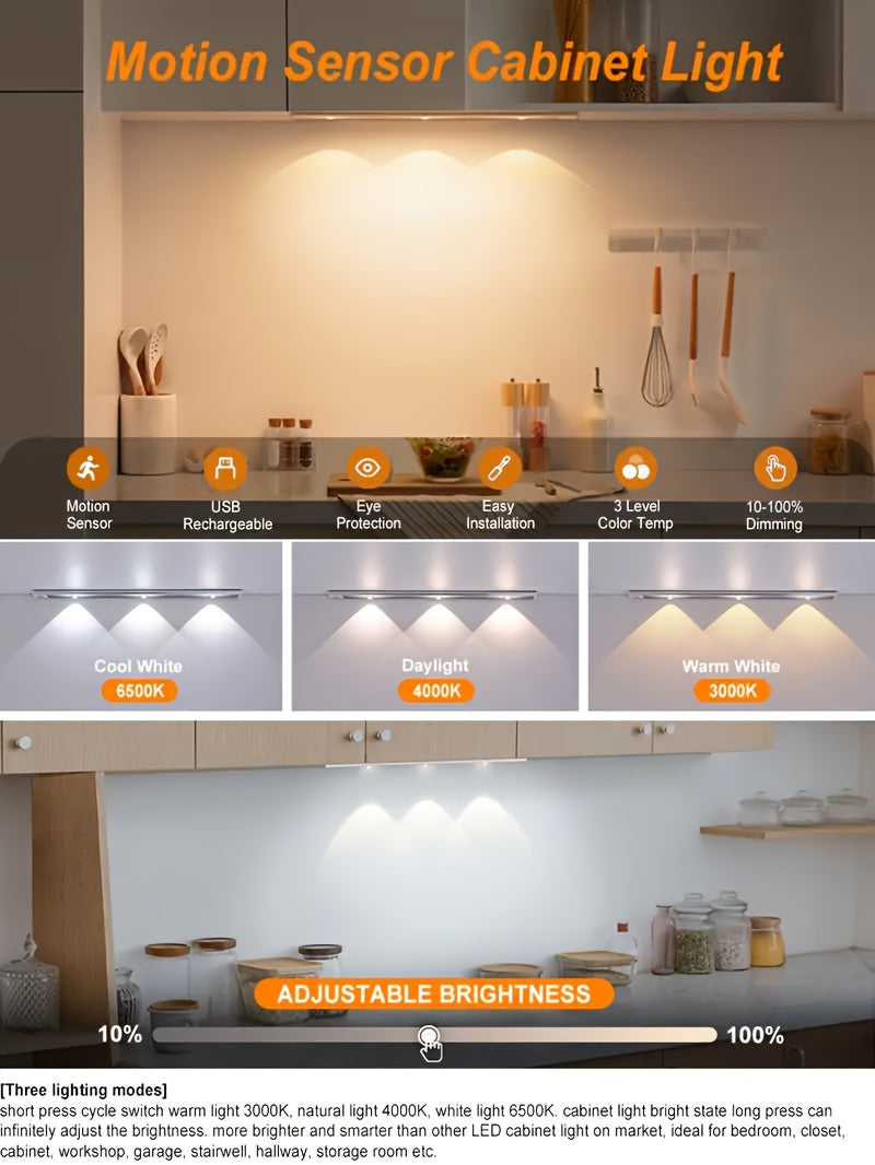 LED Motion Sensor Light Strip USB Rechargeable – Under Cabinet Wardrobe Night Light, 3 Color Modes, Self-Adhesive Magnetic Mount for Kitchen, Bedroom & Shoe Cabinet | 20/30/40cm
