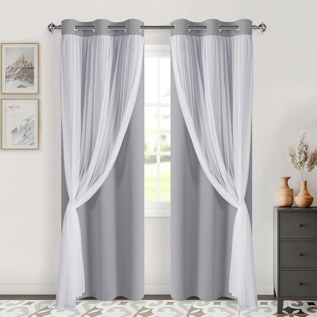 Double Layer Blackout Curtains with Sheer Overlay 2 Panels - Grommet Top Thermal Insulated Mix & Match Window Drapes with Tiebacks for Bedroom Living Room, All Season
