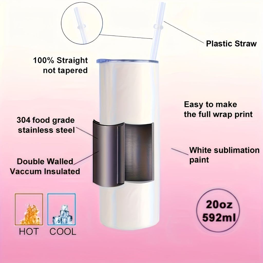 20oz Sublimation Tumblers Bulk 25 or 50 Pack – Skinny Straight Stainless Steel Insulated Sublimation Blanks with Lid & Straw, Gift Box Included