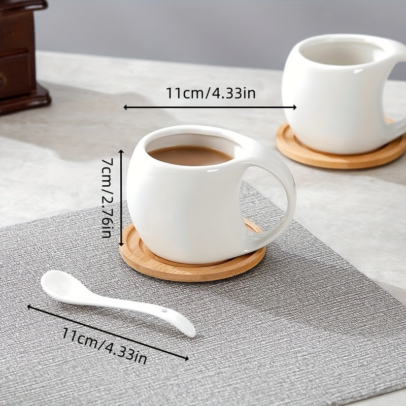 Ceramic Coffee Cup Set with Wooden Coaster and Cup Holder – 6 Piece 200ml 6.8oz for Latte Cappuccino Espresso Tea, Home Office Cafe Gift