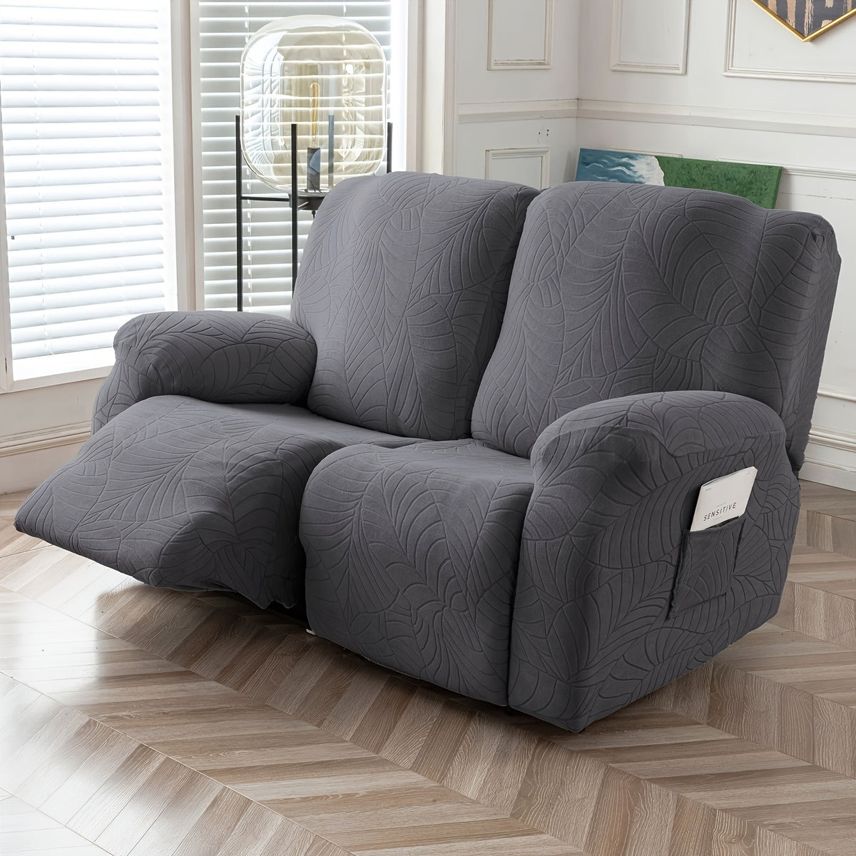 Jacquard Stretch Recliner Sofa Cover – Big Leaves Pattern, 1/2/3 Seater & Loveseat with Console, Winter Insulation Soft Washable, 6 Colors