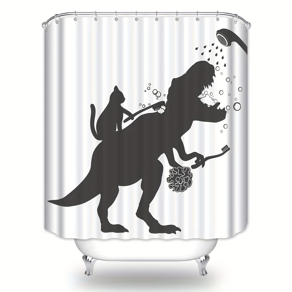 Funny Cat Dinosaur Shower Curtain - Cat Helps T-Rex Bathe Humorous Black White Bathroom Decor, Waterproof Polyester 71x71 Inch with 12 Hooks, Boys Kids Dino Novelty Curtain