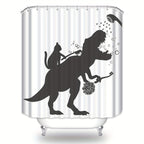 Funny Cat Dinosaur Shower Curtain - Cat Helps T-Rex Bathe Humorous Black White Bathroom Decor, Waterproof Polyester 71x71 Inch with 12 Hooks, Boys Kids Dino Novelty Curtain