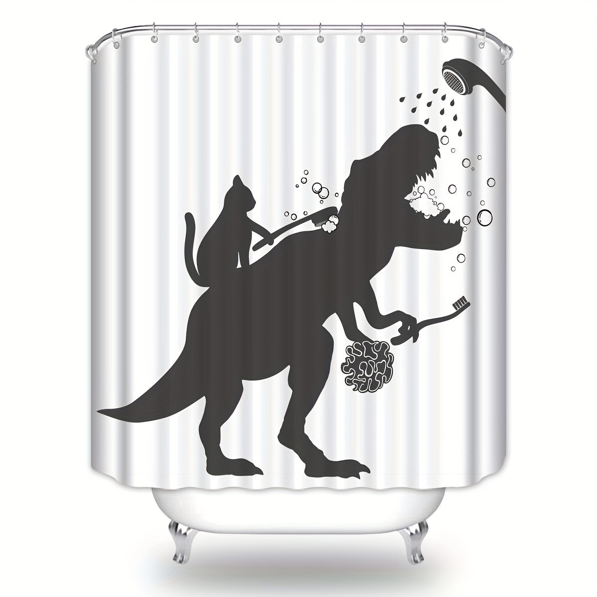 Funny Cat Dinosaur Shower Curtain - Cat Helps T-Rex Bathe Humorous Black White Bathroom Decor, Waterproof Polyester 71x71 Inch with 12 Hooks, Boys Kids Dino Novelty Curtain
