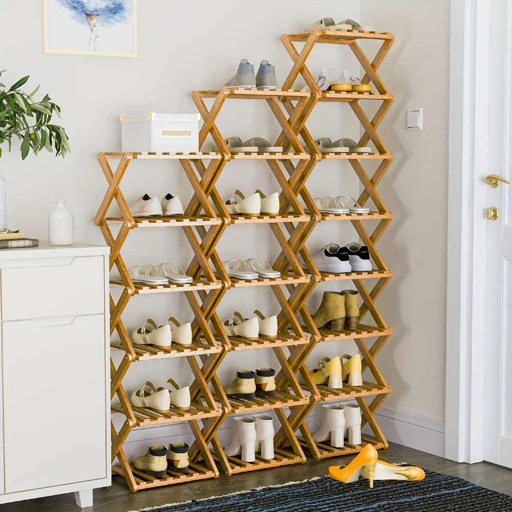Foldable Bamboo Shoe Rack – No Installation Space-Saving 2-Layer Shoe Shelf for Bedroom Living Room Hallway Wardrobe, Strong Storage, Natural