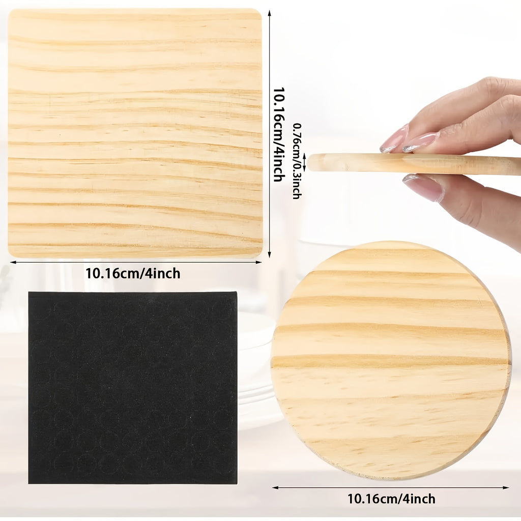 Unfinished Wood Coasters for Crafts DIY Engraving Painting – 4 Inch Square & Round Wooden Drink Coasters with Non-Slip Pad for Home Kitchen Coffee Table | 30 or 60 Pack