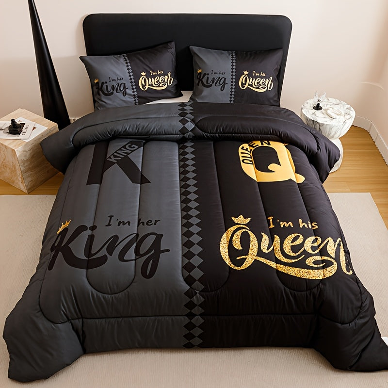 3-Piece Comforter Set Black Grey Color Block Crown Letter Print, Soft Breathable 180GSM Quilted Bedding Set with 2 Pillowcases, Digital Printing, Twin Full Queen King for Bedroom & Dorm