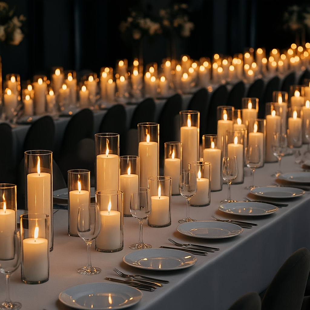White Pillar Candles with Clear Glass Hurricane Candle Holders – Elegant Cylinder Vases for Wedding Centerpieces, Parties, Home & Office Decor, Table Decorations