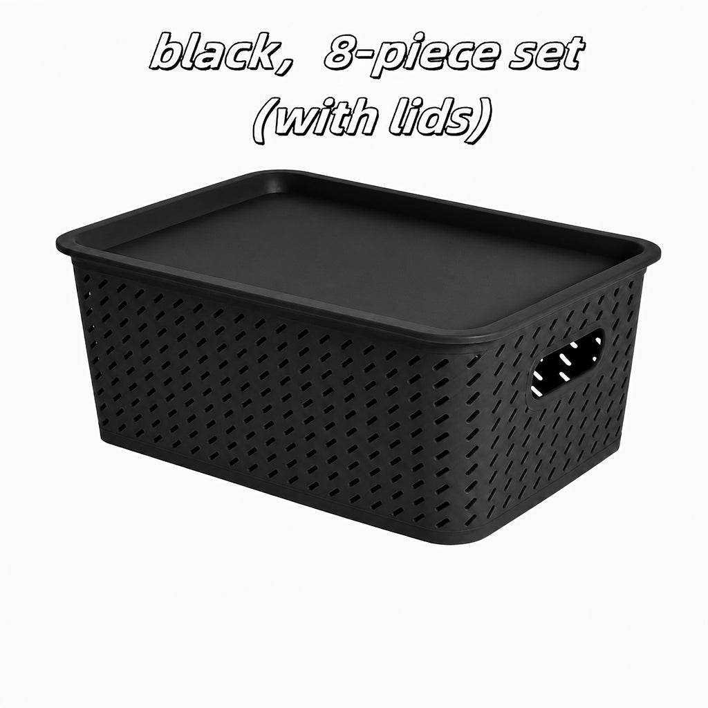 Plastic Storage Basket Set of 8 with Lids - Desktop & Shelf Organization Bins for Documents, Office, Home & Bedroom Storage, Multi-Functional Stackable Baskets - Grey, Black & White