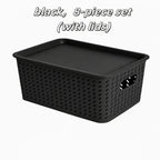Plastic Storage Basket Set of 8 with Lids - Desktop & Shelf Organization Bins for Documents, Office, Home & Bedroom Storage, Multi-Functional Stackable Baskets - Grey, Black & White