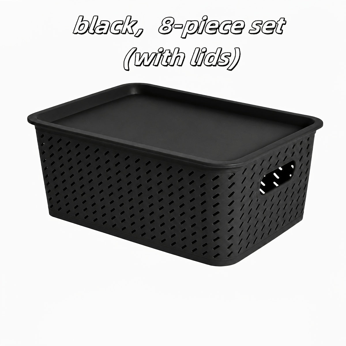 Plastic Storage Basket Set of 8 with Lids - Desktop & Shelf Organization Bins for Documents, Office, Home & Bedroom Storage, Multi-Functional Stackable Baskets - Grey, Black & White