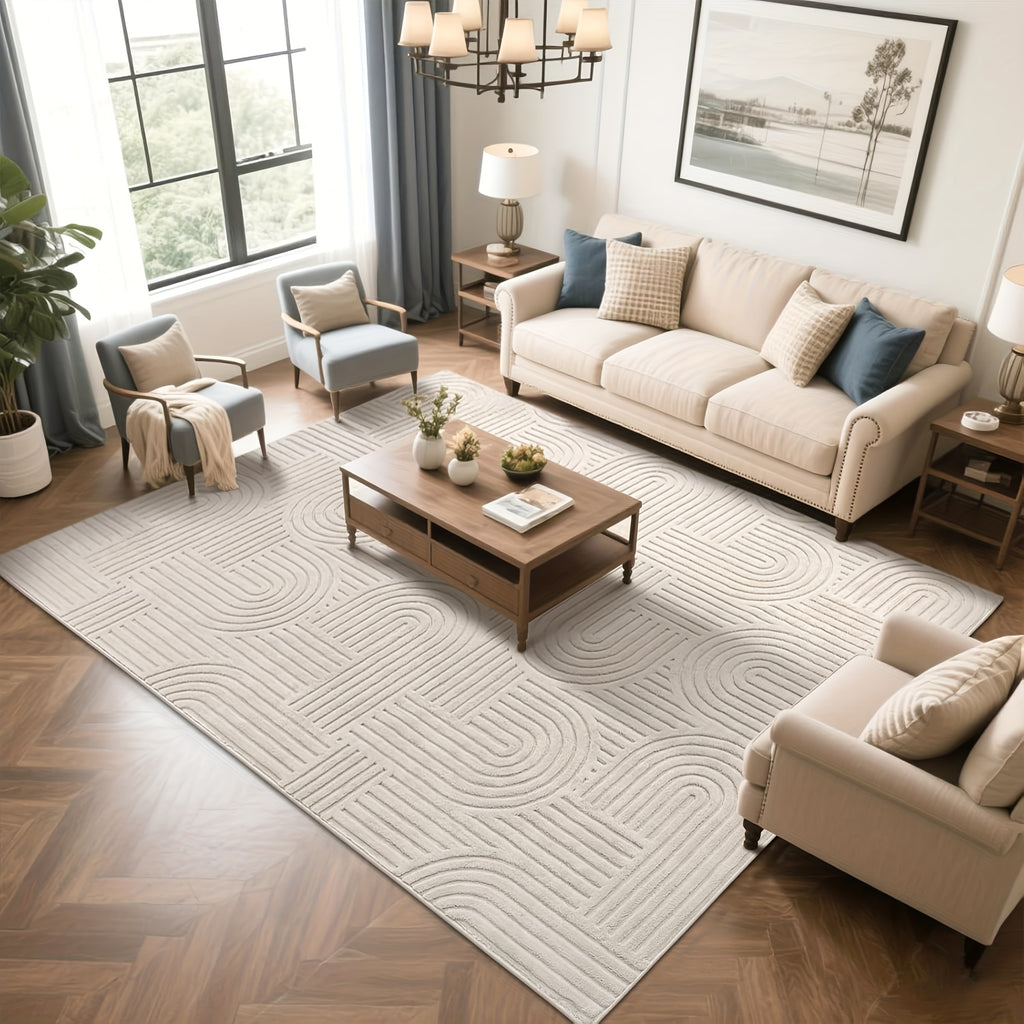 Soft Fluffy Arch Pattern Area Rug – Non-Slip Washable High-Low Pile Geometric Carpet for Living Room, Bedroom & Dining Room, Beige, Multiple Sizes