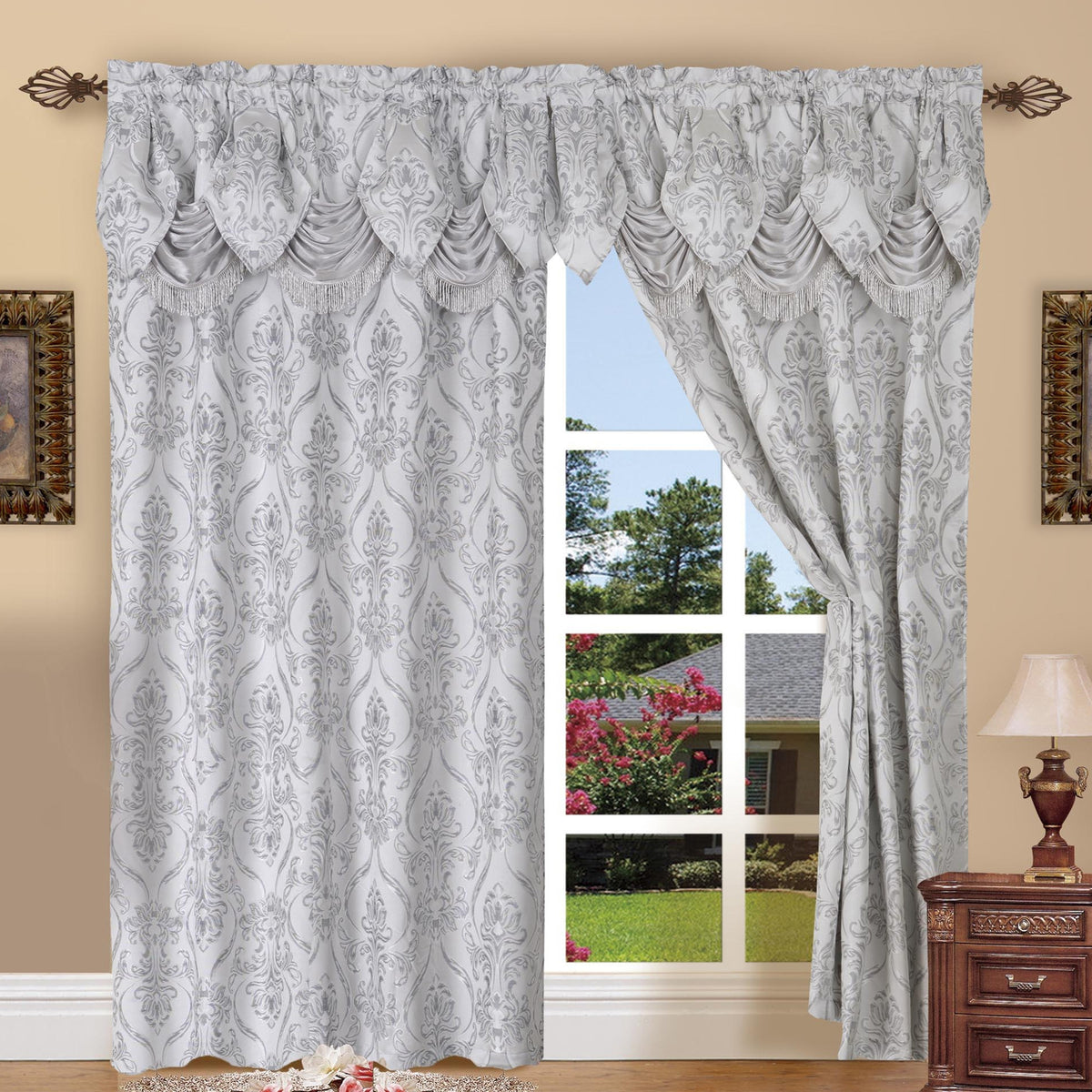Penelope Jacquard Curtains with Attached Waterfall Valance – 2 Panel Luxury Room Darkening Rod Pocket Curtain Set, 54x84 Inch, Machine Washable for Living Room Bedroom Study Home Office