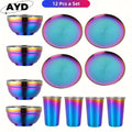 Rainbow Stainless Steel Camping Dinnerware Set – 12 or 36-Piece Plates, Bowls, Cups, Forks, Spoons & Knives for Outdoor Picnic, Backpacking & Family Camping