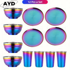 Rainbow Stainless Steel Camping Dinnerware Set – 12 or 36-Piece Plates, Bowls, Cups, Forks, Spoons & Knives for Outdoor Picnic, Backpacking & Family Camping
