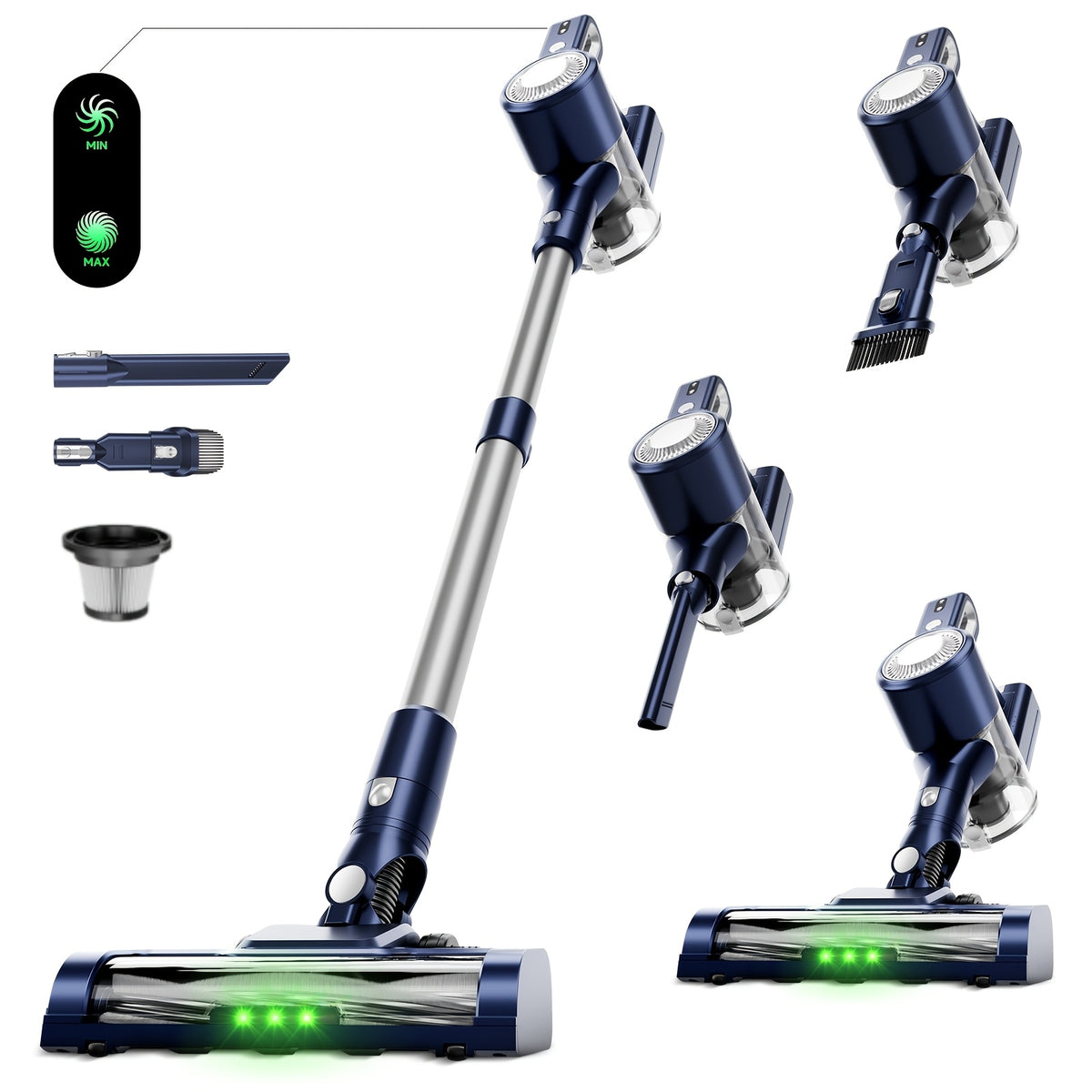 Cordless Stick Vacuum Cleaner 51-68KPa – 3-Speed Adjustable, 45-Min Runtime, Detachable Handheld, LED Floor Brush for Pet Hair, Carpet & Hard Floor