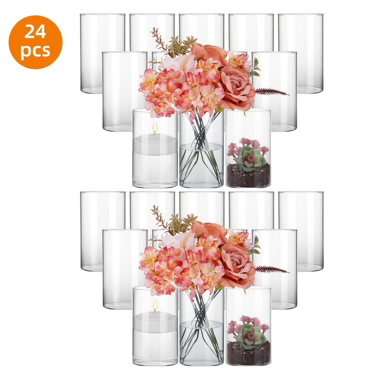 Glass Cylinder Vases Bulk 12 or 24pcs Wedding Centerpieces & Flower Vases 6x3.4in – Clear Floral Vase Set for Banquet, Party, Festival, Restaurant & Home Table Decor