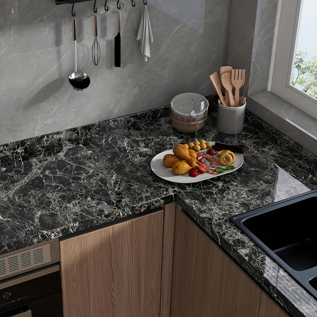 Marble Contact Paper Waterproof Self-Adhesive PET Film Heat Oil Resistant Glossy Vinyl Wrap for Kitchen Cabinets Bathroom Countertops Drawer Liner Furniture Decor White Black Marble 15.75x196.85 in