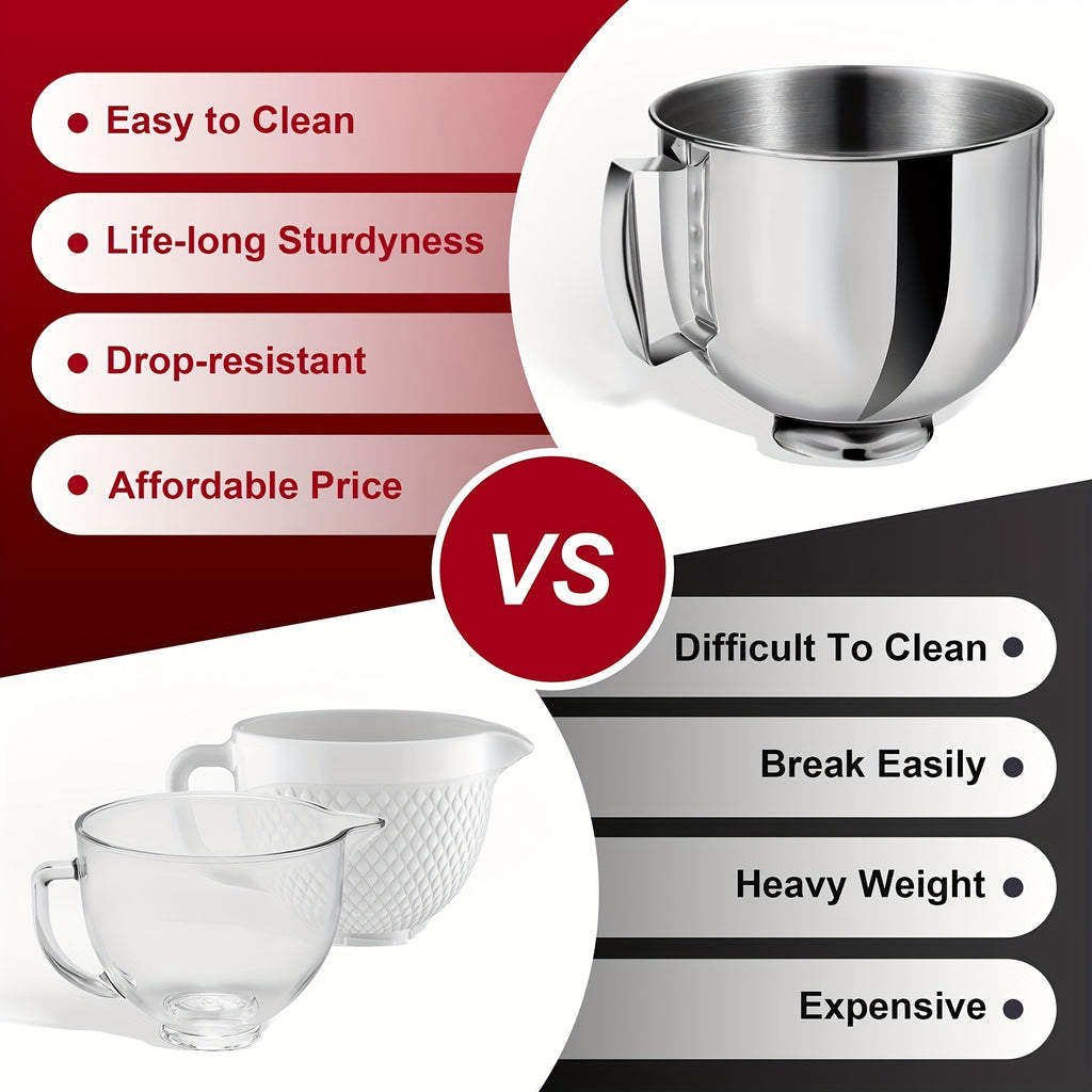 5Qt Stainless Steel Mixer Bowl – KitchenAid Artisan & Classic 4.5-5QT Compatible, Oven-Safe 304 Steel with Ergonomic Handle & Spill-Resistant Lid