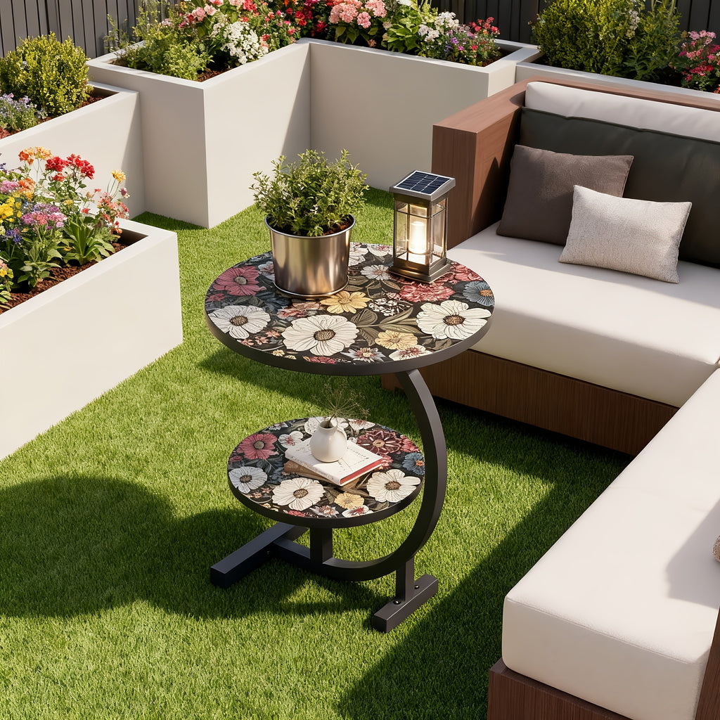 2-Tier Metal Outdoor Side Table, Floral Round Balcony & Patio Table, Sturdy Compact Design, Easy Assembly, for Patio, Courtyard, Balcony & Garden — Multiple Styles