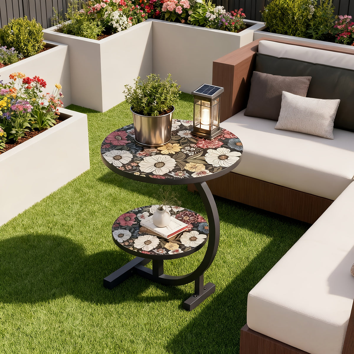 2-Tier Metal Outdoor Side Table, Floral Round Balcony & Patio Table, Sturdy Compact Design, Easy Assembly, for Patio, Courtyard, Balcony & Garden — Multiple Styles