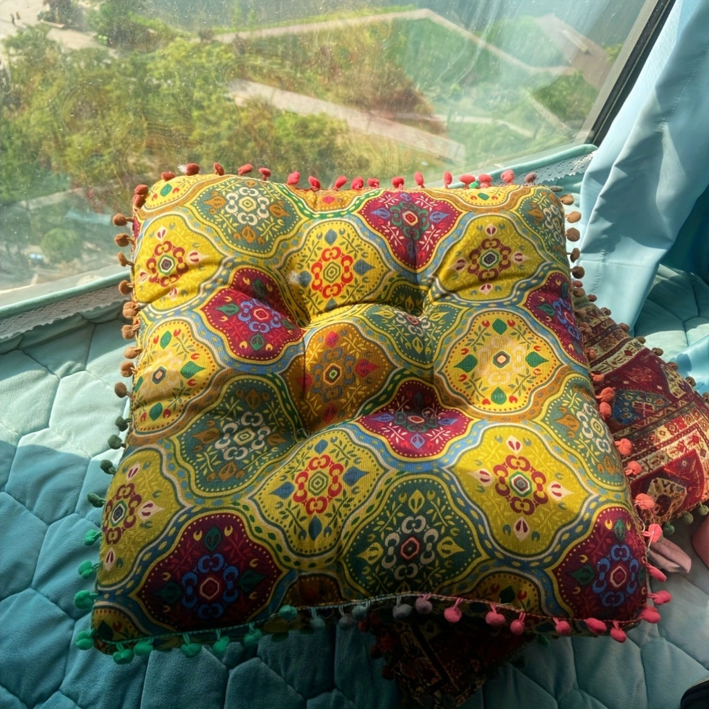 Moroccan Boho Meditation Floor Cushion Pad Thick Soft 100 Percent Linen Cover Bohemian Style for Living Room Bedroom Dining Room Office