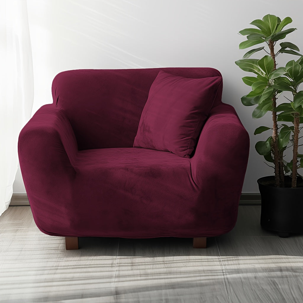 Velvet Stretch Sofa Cover Slipcover – Thick High-Elasticity Plush Couch Cover for L-Shape 1 2 3 4 Seater, Polyester Spandex Furniture Protector with Pillowcase for Living Room
