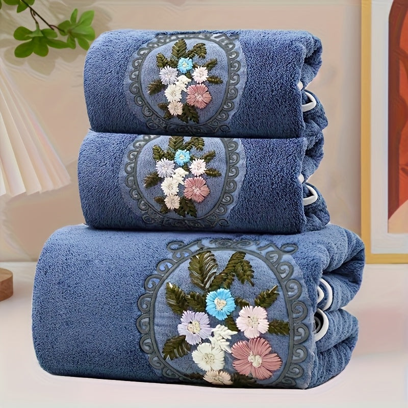 Embroidered Flower Towel Set 3 Piece – Soft Absorbent Bath Towel & 2 Face Towels – Skin-Friendly Polyester Blend, Home & Beach Use, White, Blue, Pink, Gray
