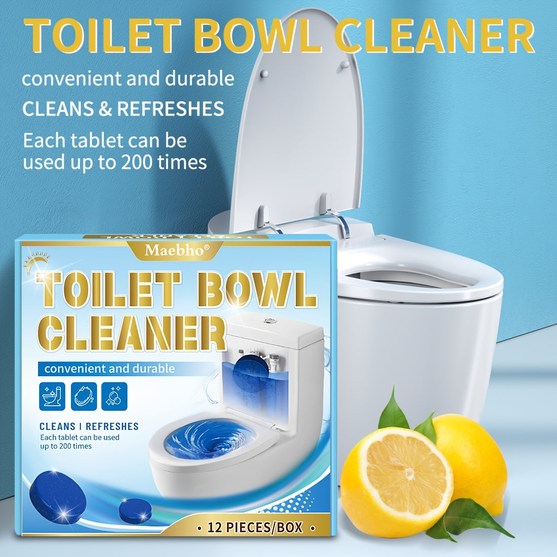 Lemon Toilet Effervescent Cleaning Tablets – Stubborn Stain Remover & Deodorizer, 12pc Cleaning Blocks or 24pc Bubble Tablets